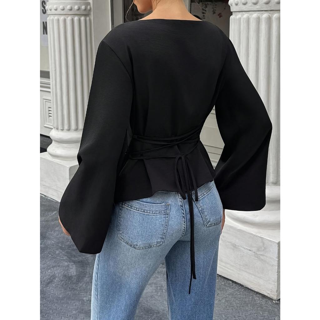 Spring Summer New Women's Solid Color Waist Cinched Boat Neck Flared Long Sleeve T-shirt Casual Fashion Streetwear Top