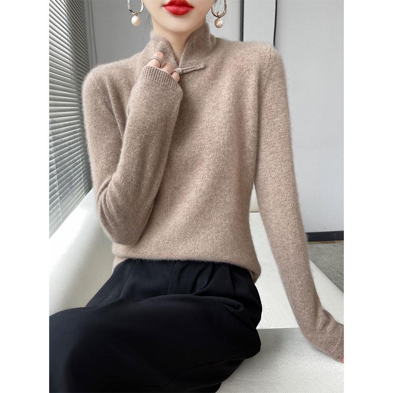 Chinese Retro Knitted High-Neck Cashmere Wool Sweater with Frog Buttons for Women