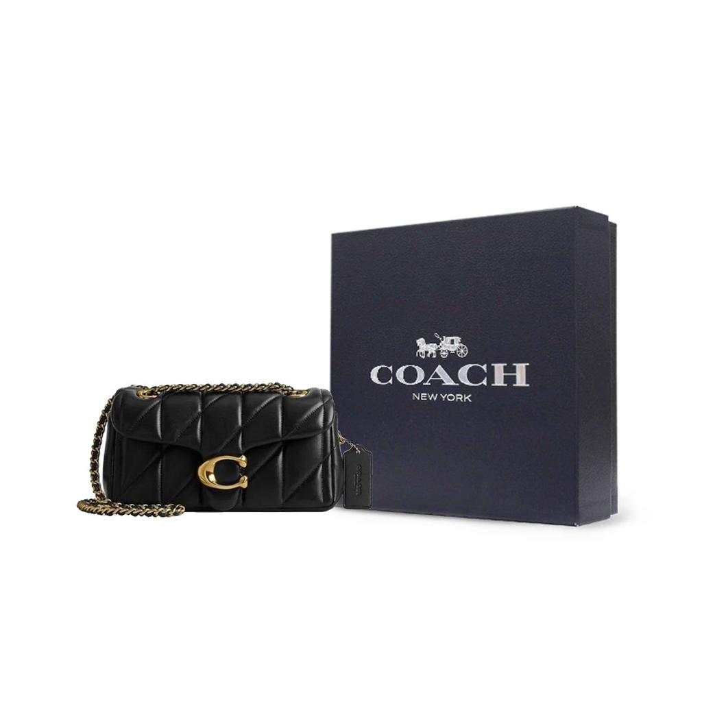 Coach Tabby 20 Striped Quilted Magnetic Closure Logo Flap Leather Pillow Bag Crossbody Shoulder Bag Small Women Bags Black CP149-B4BK