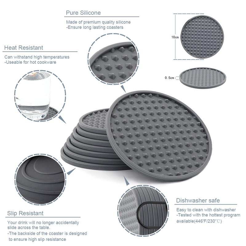 Set aus 6 Silikon-Untersetzern für Getränke, beidseitig, runde Tassenunterlage mit Halterständer, Glasgreifer-Pads mit tiefen Rillen