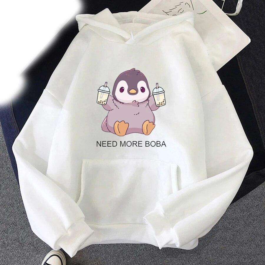 Cute Penguin Boba Tea Print Hoodies Unisex Women Streetwear Hoodie Oversized Hooded Sweatshirts Pullover Unisex Tracksuit Clothing