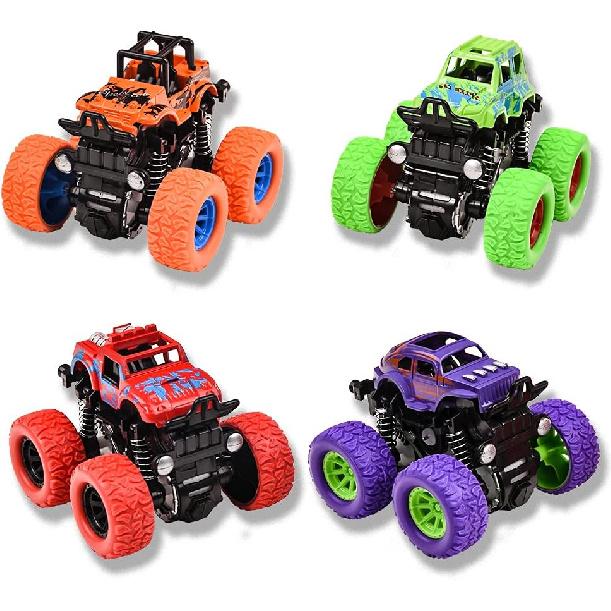 Monster Trucks for Boys, 4 Pack Pull Back Vehicles Cars for Toddlers, 360° Rotation 4 Wheels Drive Durable Friction Cars Powered Push and Go Toys
