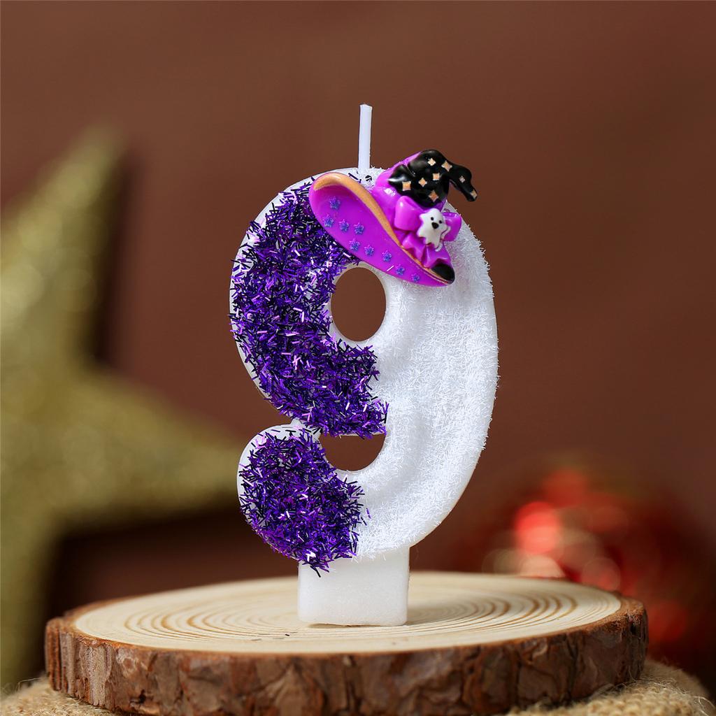 Halloween Birthday Candles Autumn Halloween Theme Party Decoration Purple Glitter Birthday Number Candle Witch Hat Design