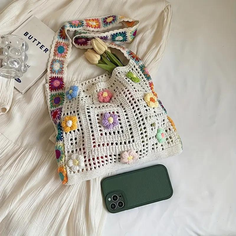 Designer Flower Knitted Handbags Female Large Capacity Totes Women's Pack Summer Beach Bag Purses Hollow Woven Shoulder Bags