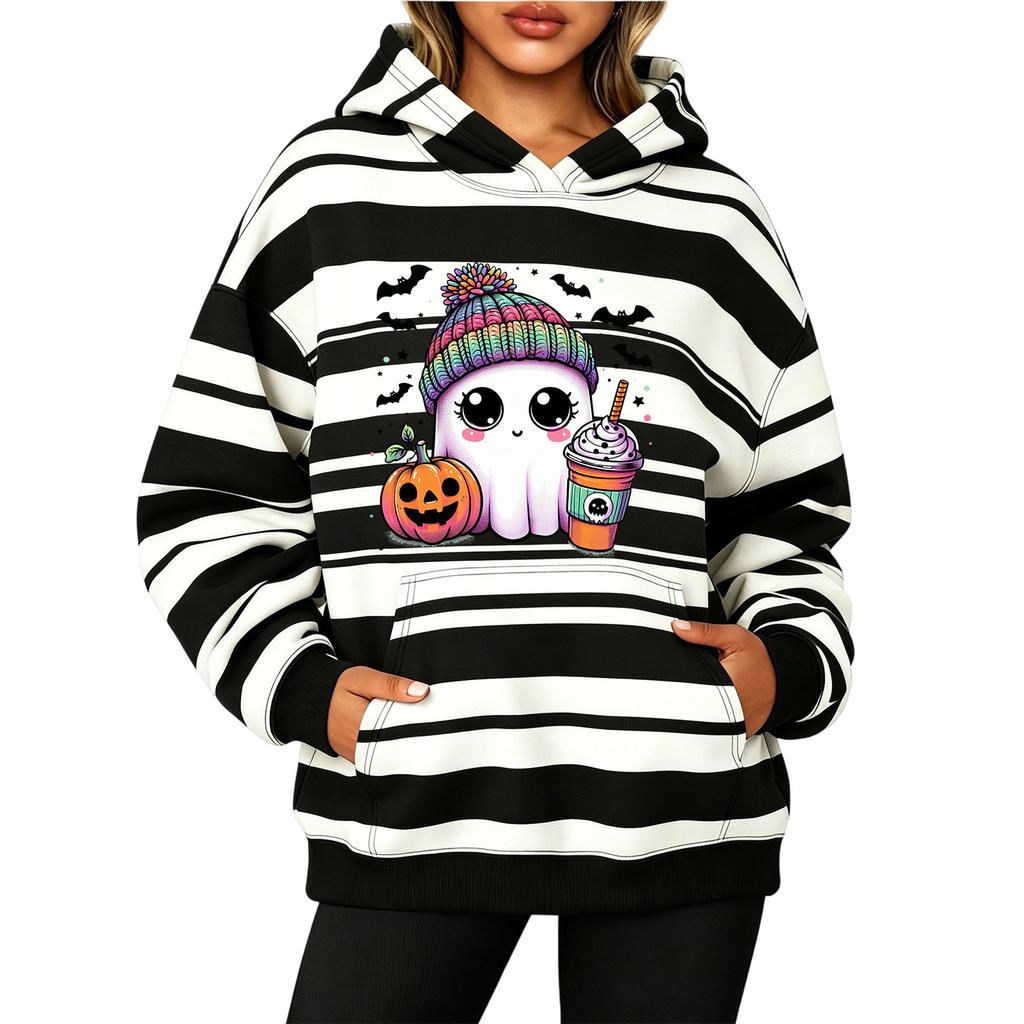 Women's Fashion Striped Print Long Sleeve Pullover Hoodie with Pockets for Halloween