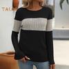 Dámské topy s kulatým výstřihem, dlouhým rukávem, barevný blok, žebrované pletací topy, volný střih, ležérní, svetrové topy, denní nošení