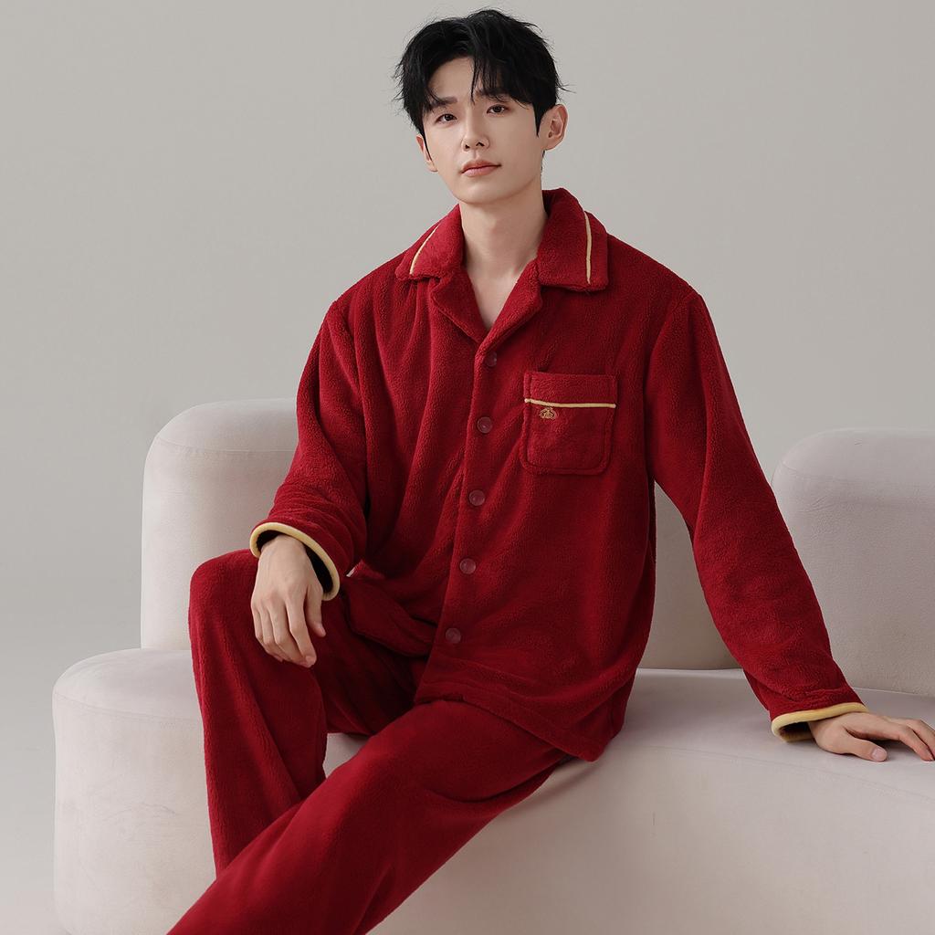 Coral Fleece Red Wedding Pajamas Newlywed Couple Suit Autumn And Winter Thickened Flannel Natal Year Loungewear For Men And Women