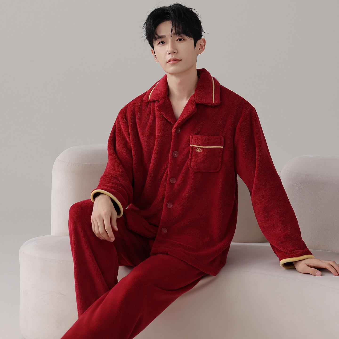 

Fleece Thickened Flannel Red Pajamas Wedding Couple Suit Autumn And Winter Coral Fleece Men S And Women S Loungewear 3XL