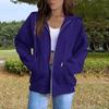 Women's Solid Color Long Sleeved Round Neck Plush Zipper Hooded Sweatshirt With Drawstring