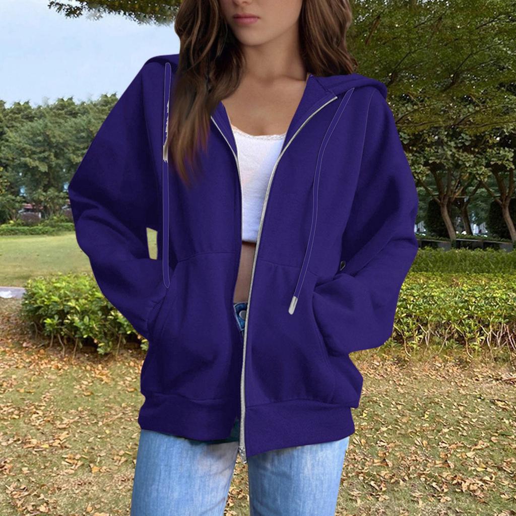 Women's Solid Color Long Sleeved Round Neck Plush Zipper Hooded Sweatshirt With Drawstring
