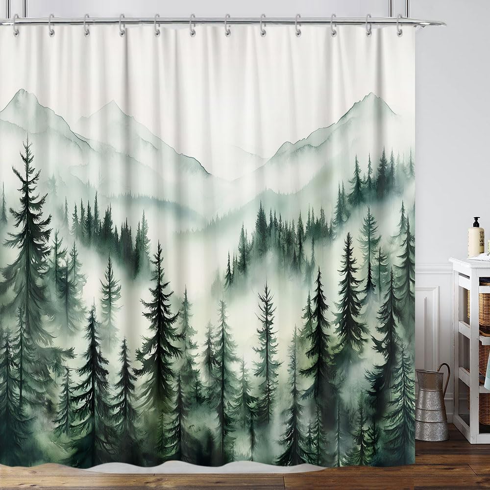 

Rustic Forest Mountain Shower Curtain, Cool Misty Foggy Green Forest Woodland Pine Tree Nature Shower Curtain For Mens Bathroom W60H190(CM)-1 Pcs