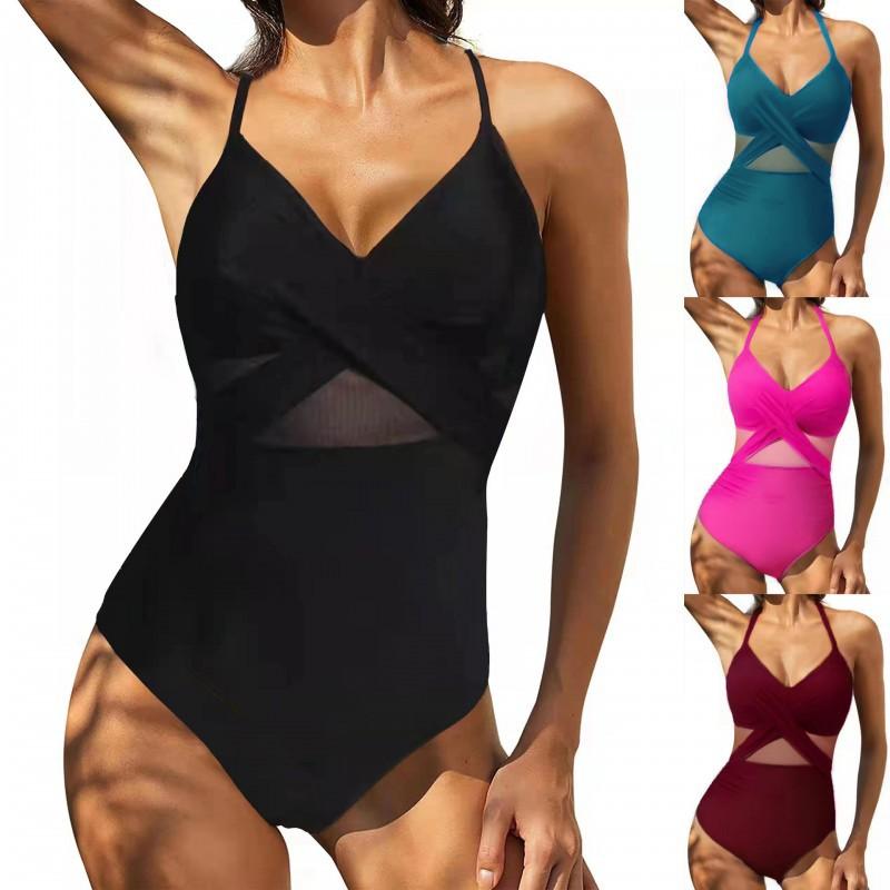 One-piece Swimsuit Cross-piece Sexy Backless Mesh Splicing Bikini Women