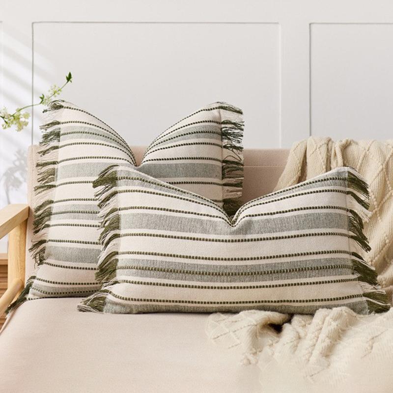 Spring Throw Pillow Covers Striped Pillow Covers with Tassel Boho Farmhouse Cushion Cover for Home Sofa Bed Living Room Decor