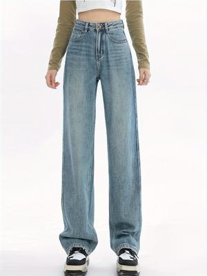 Plain Whiskering Straight Leg Jeans Loose Fit Washed Blue High Rise Denim Pants Women's Denim Jeans & Clothing
