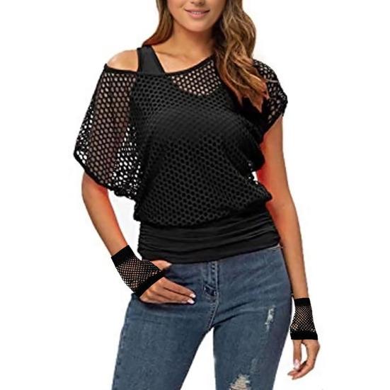 2Pcs/Set Women Mesh Top Vest Set Bright Color O-Neck Short Sleeve Mesh Cropped Tops Racerback Pullover Vest Set