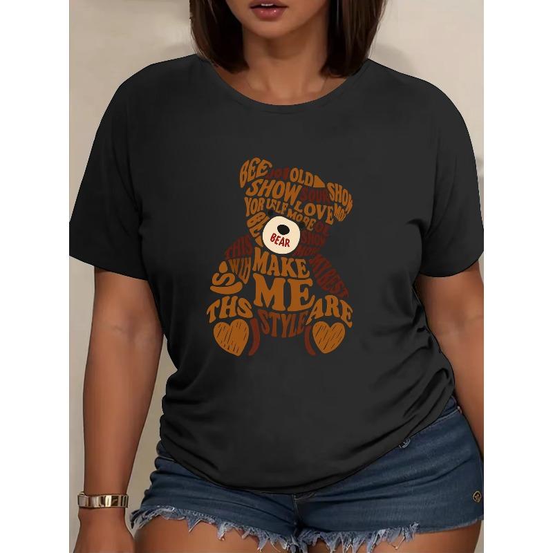 European Size Women's & ' Little Bear Alphabet A-T-Shirts - Soft Breathable Short Sleeve Round Neck with Cute Bear  Summer Outfits New 2026 Styles