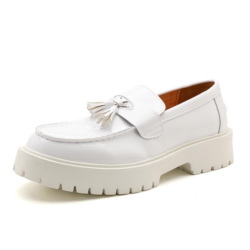 British Style Men s White Patent Leather Tassel Loafers, Thick Sole Height Increasing Casual Shoes, Large Size 39