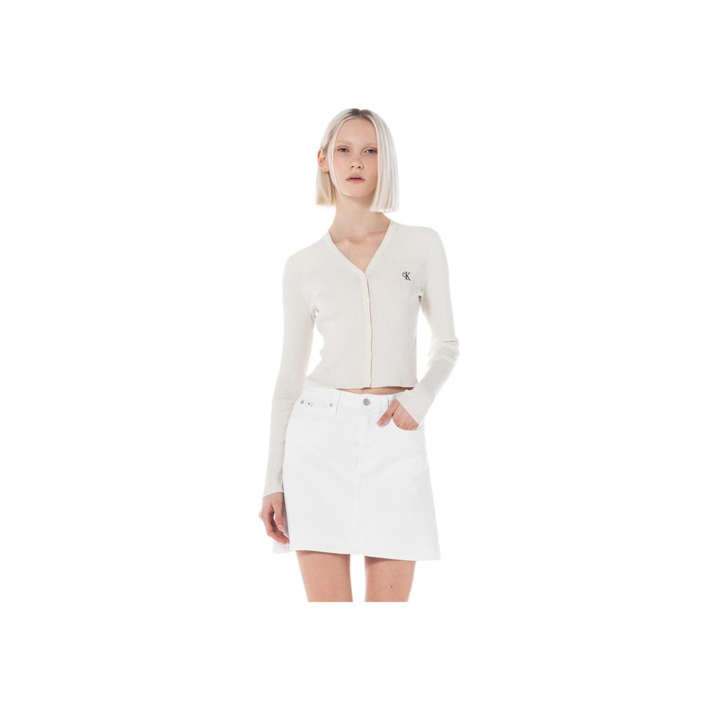 Calvin Klein Jeans Letter Jacquard V-Neck Long Sleeve Knit Top Women Tops Off-White J224287