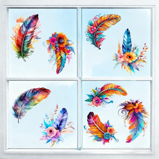 Watercolor Feather Flower Pattern Window Sticker, Transparent Electrostatic Adhesion Glass Decal, Waterproof Scratch-Resistant Decorative Film