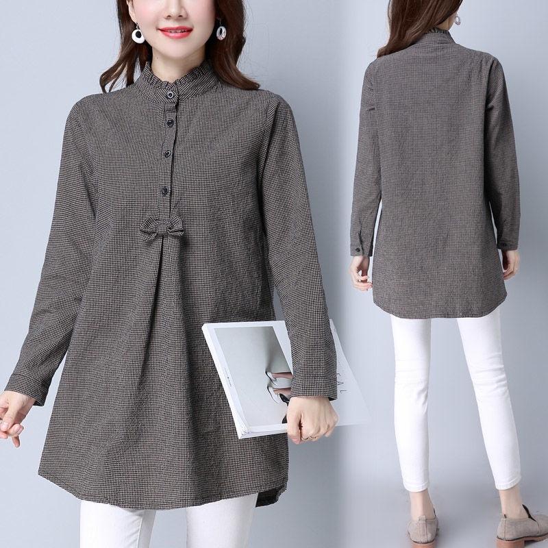 Cotton Plaid Long Sleeved Shirt for Women Spring and Autumn Medium To Long Standing Collar Plus Size Shirt