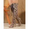 Eilyken Spring Leopard Print Peep Toe Over The Knee Boots Women Sandals Fashion Thin Heels Lace Up Shoes Botas Largas Mujer