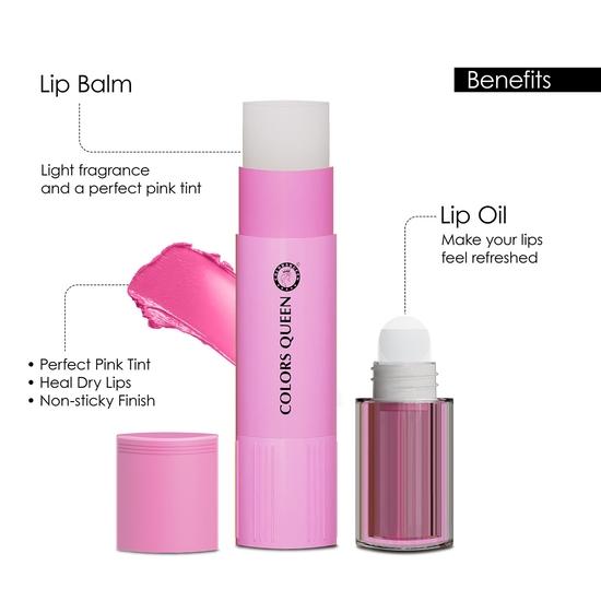 Colors Queen Magic Color 2 in 1 Lip Balm and Lip Oil Pink Rose with Shea Butter Vitamin E for Soft Hydrated Lips