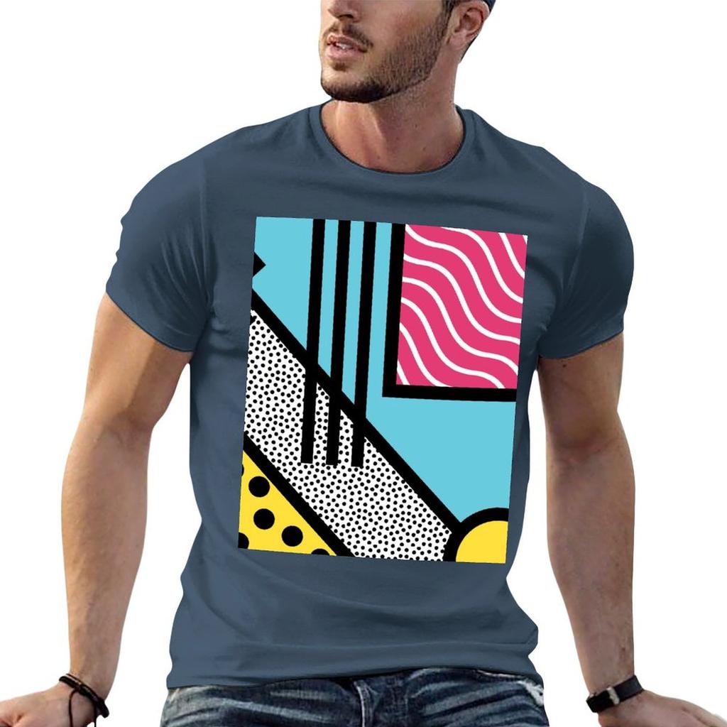 Abstract s memphis pop art style graphics TShirt Work Outdoor Short Sleeve Tee