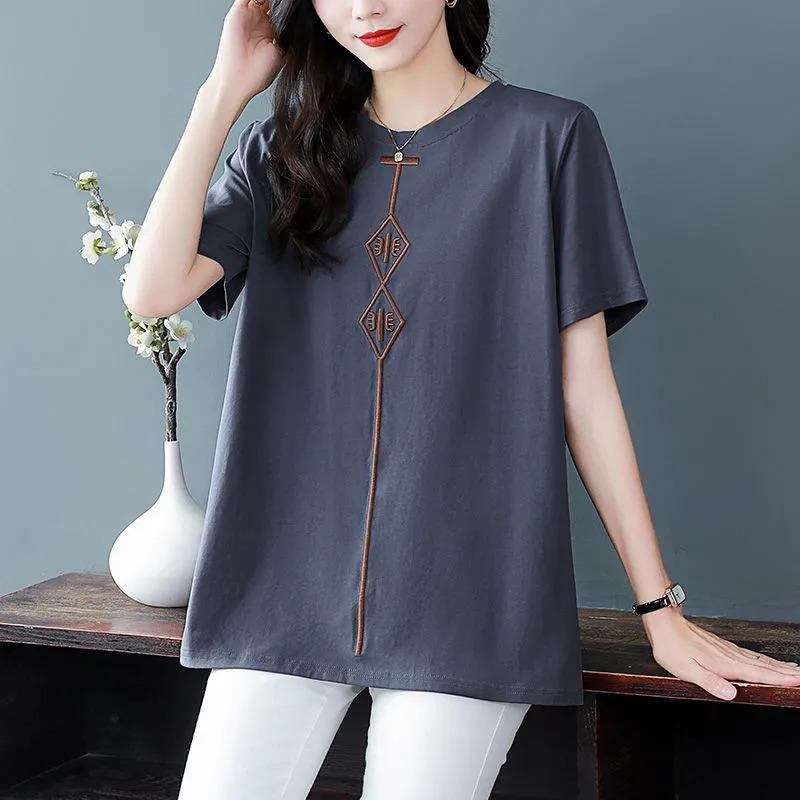 Pure Cotton New Chinese Style National Trend High-end Women's T-shirt Short-sleeved Summer Large Size Loose