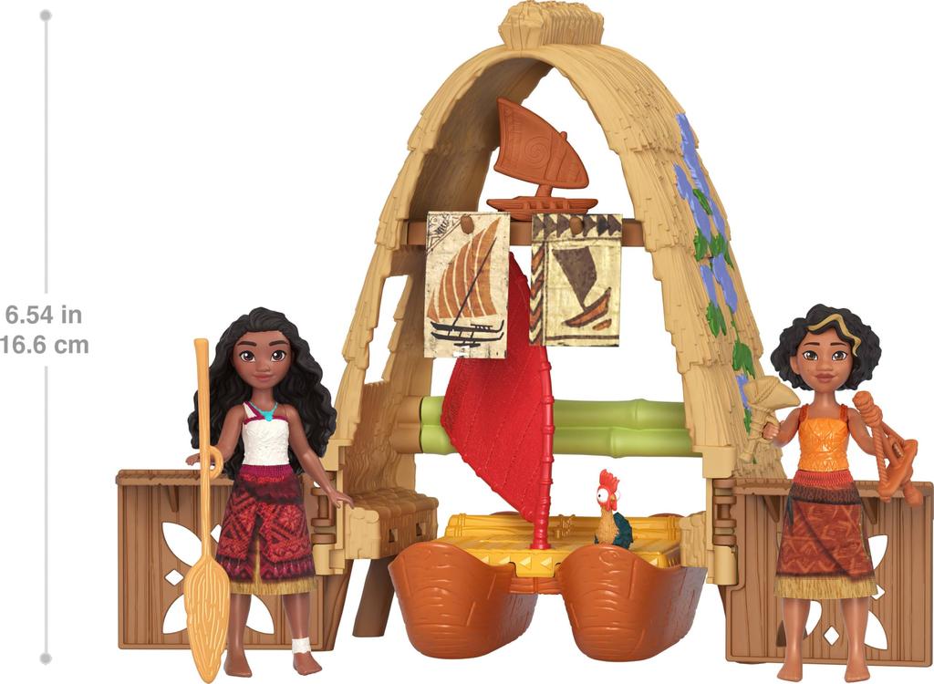 Mattel Disney Moana Moana 2 Jucărie Moana Atelier Set de joacă cu 2 păpuși plutitoare Heihei mici și 5 accesorii și păpuși Lotto, figurină, barcă,