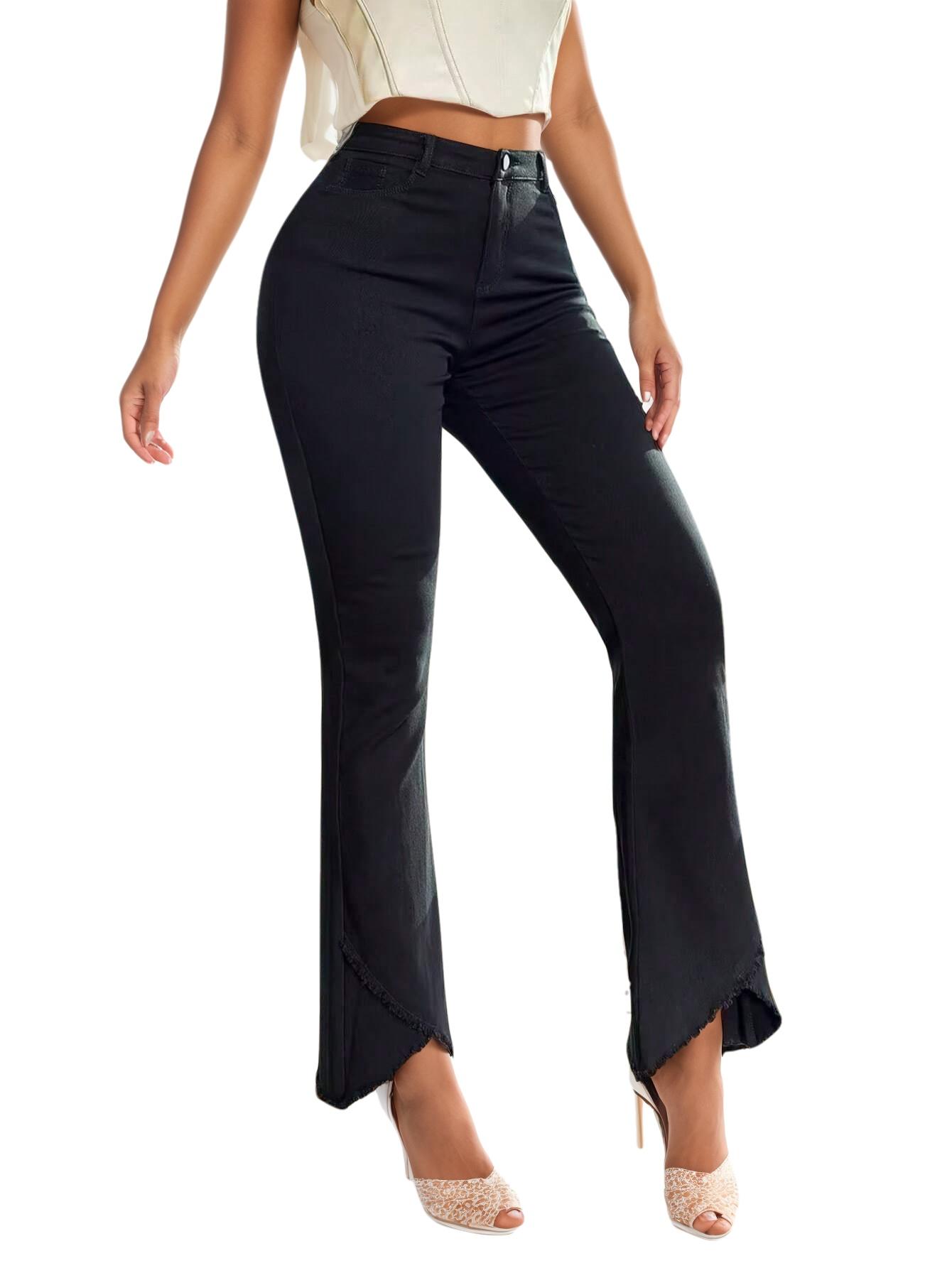 

Rose Beauty A High Waist Slant Pocket Tulip Raw Hem Flare Leg Pants