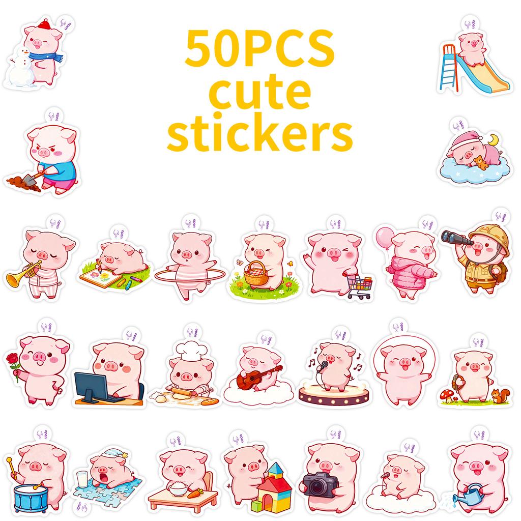 50 Cartoon Cute Pink Pig Handle Decorative Sticker I Girl Pig Graffiti Sticker Batch