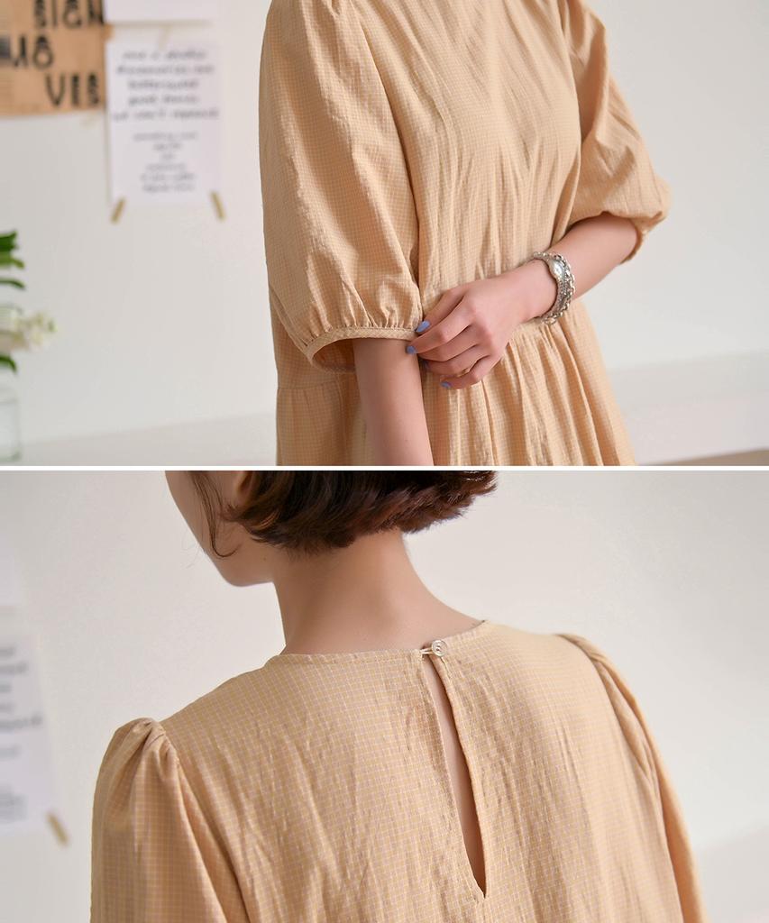 Ppaeppae Small Check Puff Sleeve Tiered Long Dress