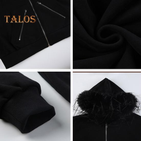 Casaco de inverno feminino com capuz de pelúcia, estilo high street, cardigan com zíper, capuz com bolsos com zíper, cor sólida, quente, solto, agasalho