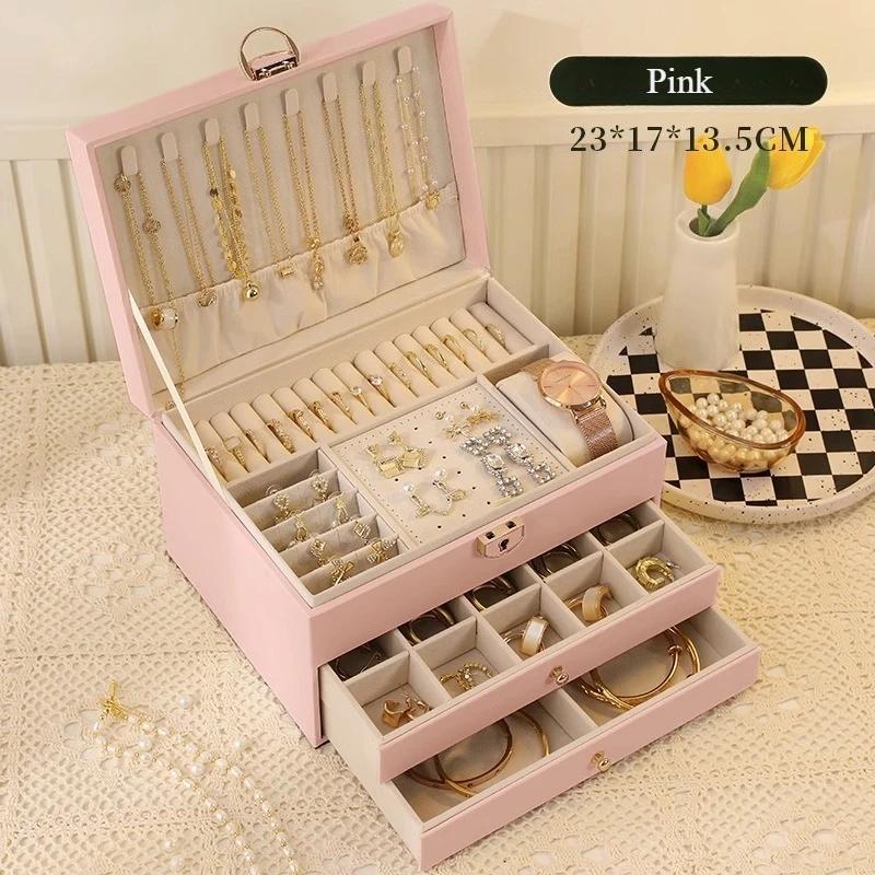 

1pc Multi Functional Three Layer Leather Drawer Style Jewelry Box Earrings Earrings Lock Jewelry Box 23X17X13.5CM рожевий