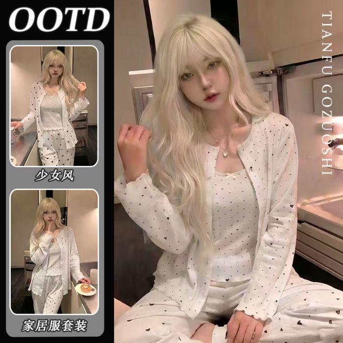 [High-quality imitation cotton] Sweet girl love printing sexy suspender pajamas women s spring and autumn new three-piece set M