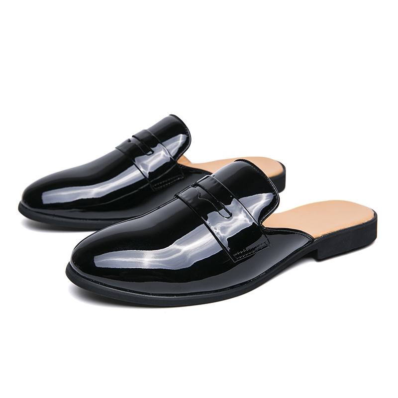 Fashion Black glossy surfaceMen Shoes Casual Mens Half Drag Loafers Leather Slipper Breathable Slip on Lazy Driving Shoes Men