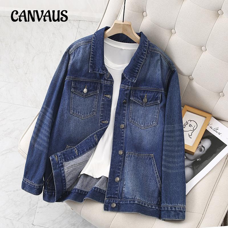 Jachetă de denim vintage de primăvară și toamnă Topuri de talie înaltă pentru femei, lungime mijlocie, largi, mai mari