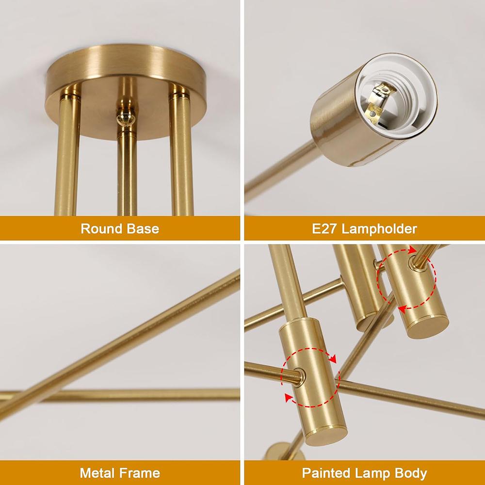 Vintage Ceiling Light 6 Bulbs E27 Socket Gold Chandelier Retro Sputnik Ceiling Lamp for Bedroom Living Room Kitchen Bulbs Not Included