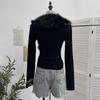 Millennial Hot Girl Fur Patchwork V-Neck Long Sleeve Slimming Top 23326