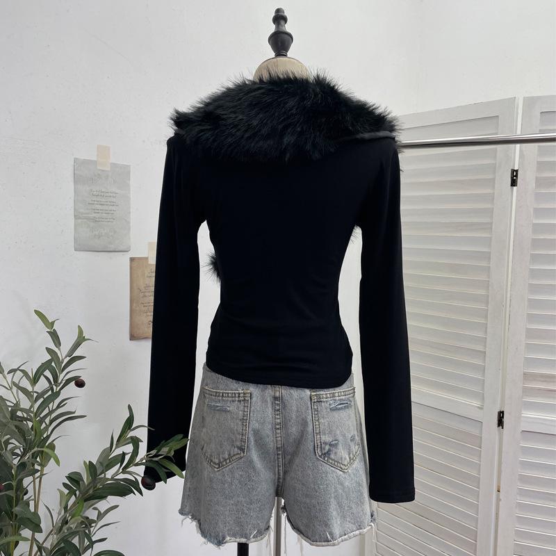 Millennial Hot Girl Fur Patchwork V-Neck Long Sleeve Slimming Top 23326