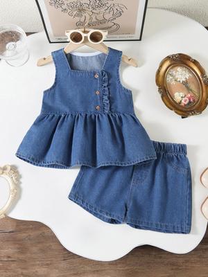 Girls' Two-Piece Outfit: Lively & Adorable Sleeveless Top with Ruffle Trim and Button Details, Paired with Simple, Comfortable Blue Denim Shorts