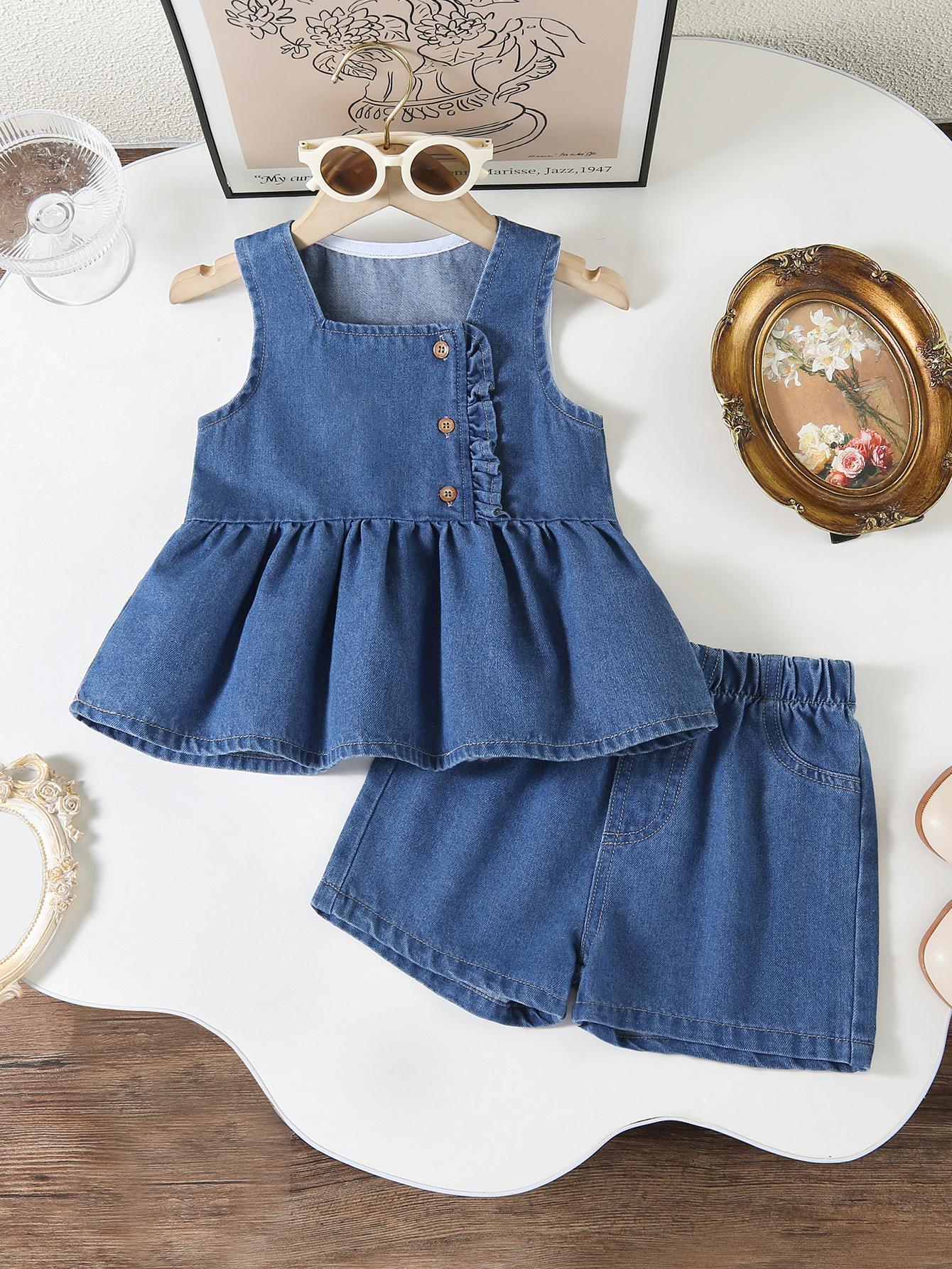 

Girls Two-Piece Outfit: Lively & Adorable Sleeveless Top with Ruffle Trim and Button Details, Paired with Simple, Comfortable Blue Denim Shorts 4Y темно-синий