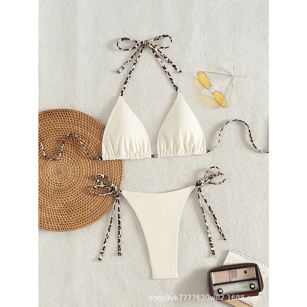 Ladies' Fashion Leopard Print Lace Up Bikini Swimsuit, Beach Vacation Set