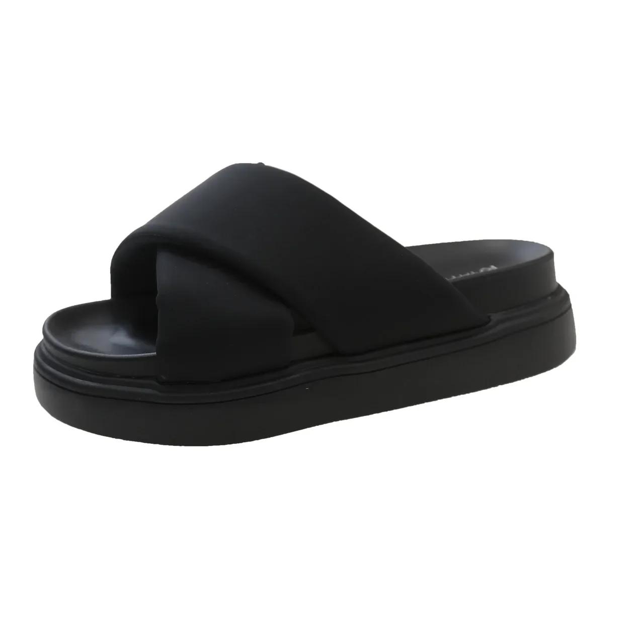 

Модные женские тапочки с перекрестными ремешками на платформе 2024 года, летняя новая модная обувь на плоской подошве, увеличивающая рост, женские сандалии, шлепанцы 35 чёрный