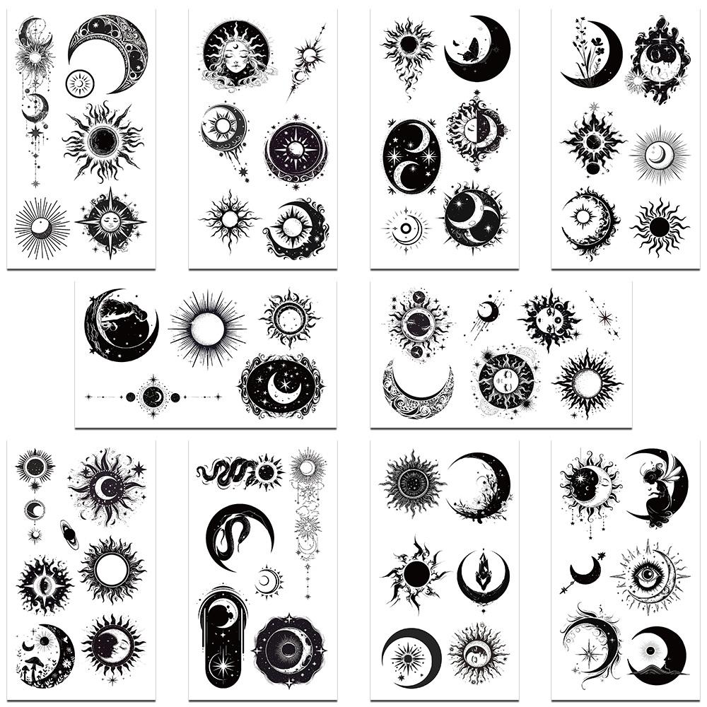 

10 листов черно-белых наклеек с изображением солнца и луны для лица, рук, тела, временные поддельные водонепроницаемые наклейки для татуировок для детей, креативные подарки