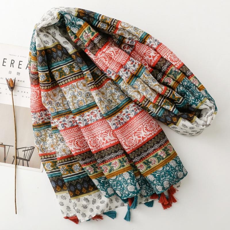 Fashion Luxury Women Viscose Scarf Floral Designer Shawl Print Cotton Linen Feeling Tassel Muslim Hijab Wrap Turban