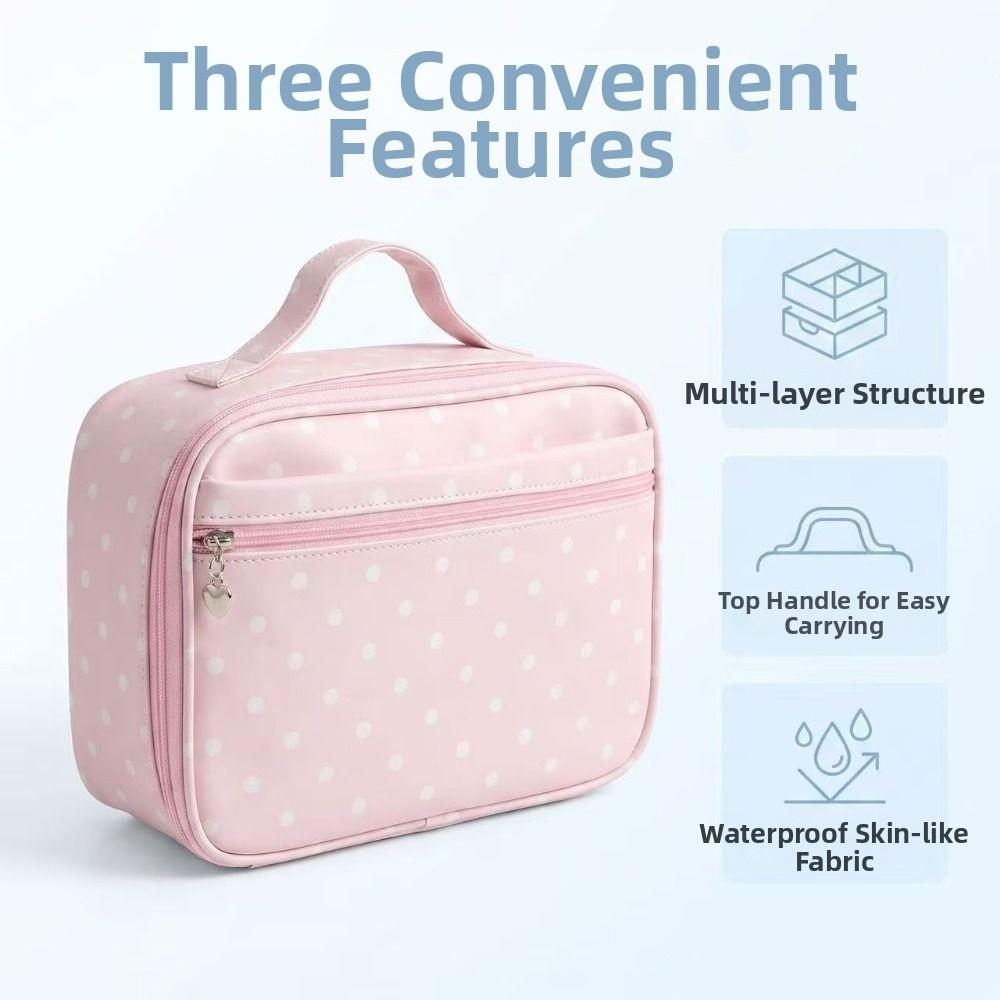 Polka Dot Portable Toiletry Pouch PU Leather Cosmetics Handbag Hanging Suitcase Organizer Women
