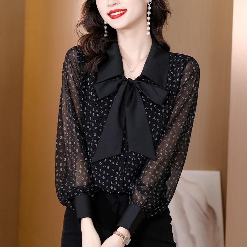Chiffon Shirt Women's New Top Long-sleeved Shirt Floral Print Tie Neck Blouse  For Spring Fall Women's Clothing Perfect for Casual & Formal Occasions