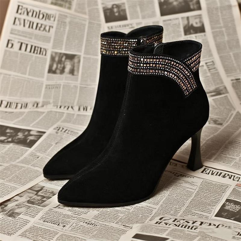 Comfortable high-heeled boots, bright diamond matte fine-heeled short boots, new thick-heeled temperament suede leather shoes