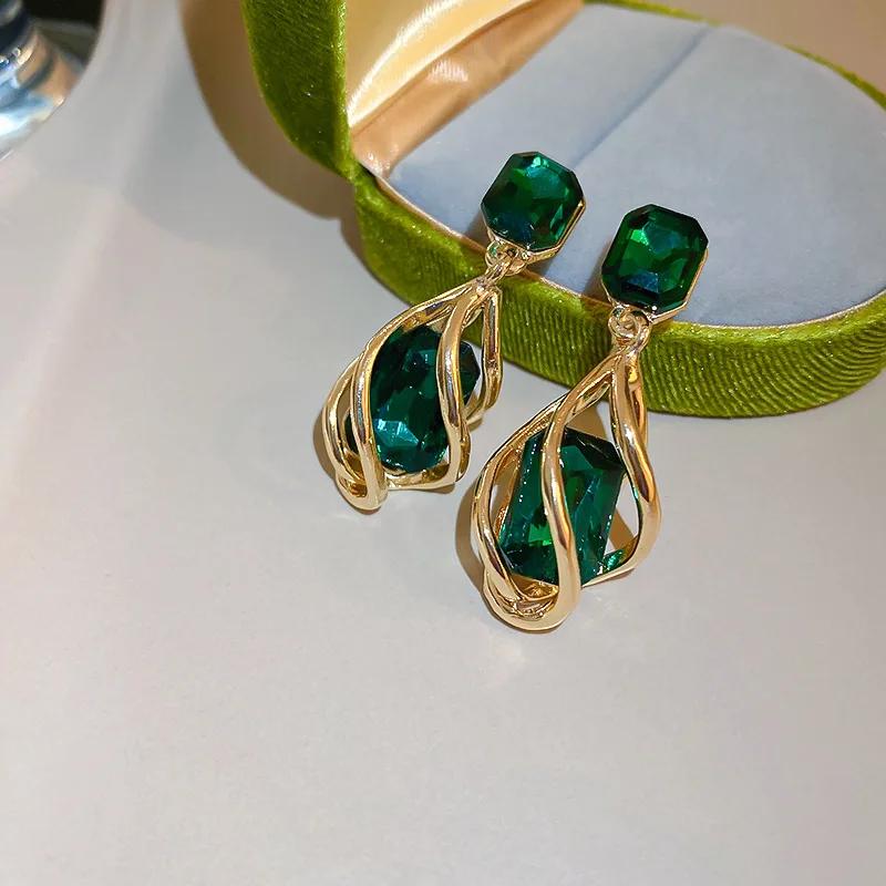 Korean Emerald Crystal Dangle Earrings for Women Trendy Gold Hollow Stud Earring Birthday Gifts Pendientes